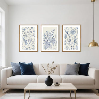 KAIRNE Navy Blue and White Floral Framed Canvas Wall Art Set,Chinoiserie Flower Wall Decor,Watercolor Botanical Art Prints,Modern Wildflower Artwork for Living Room,Bedroom,Farmhouse,Office-24 x36 x3