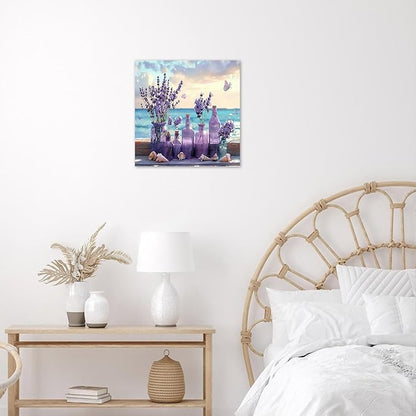 LB Ocean Purple Lavender Wall Art Purple Flower in Vase with Butterfly Canvas Wall Art Blue Sky and White Cloud Wall Art Decor for Living Room Bedroom Bathroom Office Framed Ready to Hang 12L x 12W