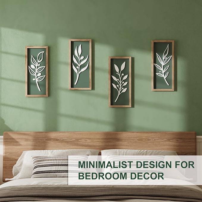 3D Tree Leaf Sage Green Boho Wall Art Lightweight (Set of 4), Minimalist Botanical Farmhouse Wooden Framed Bathroom Wall Decor For Living Room Bedroom Kitchen Office Hallway Decorations