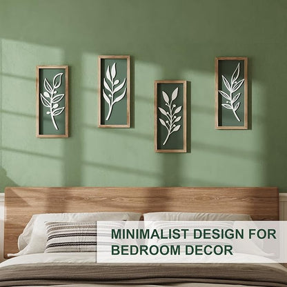 3D Tree Leaf Sage Green Boho Wall Art Lightweight (Set of 4), Minimalist Botanical Farmhouse Wooden Framed Bathroom Wall Decor For Living Room Bedroom Kitchen Office Hallway Decorations