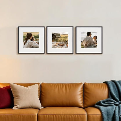eletecpro Gallery Wall Frame Set of 3, 12x12 Inch Square Black Frames with 8x8 Mat, Scratch-Resistant Finish for Modern Home Decor