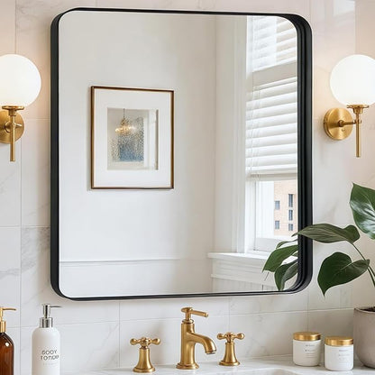 30x30 Inch Bathroom Mirrors for Over Sink - Black Metal Framed Square Mirror for Bathroom, Black Wall Mounted Vanity Mirrors for Restroom, Entryway, High-Definition