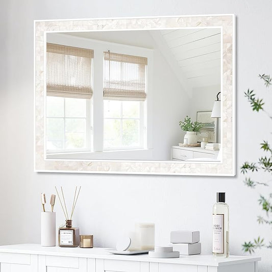 Tanmicoshomy White Shell Framed Rectangular Mirrors for Bathroom, 30x40 Inch Mirrors with Tempered Glass for Bedroom Living Room or Entryway, Wall Mounted Horizontal or Vertical Hanging