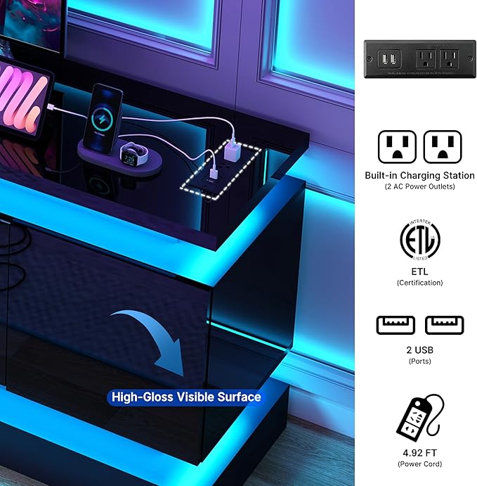 chartustriable 71IN LED TV Stands w/40 inch Fireplace Power Outlet for 85/80/75 Inch TVs,High Glossy Modern TV Media Console Gaming with 2 Storage Cabinets,Dual LED Lights,Black