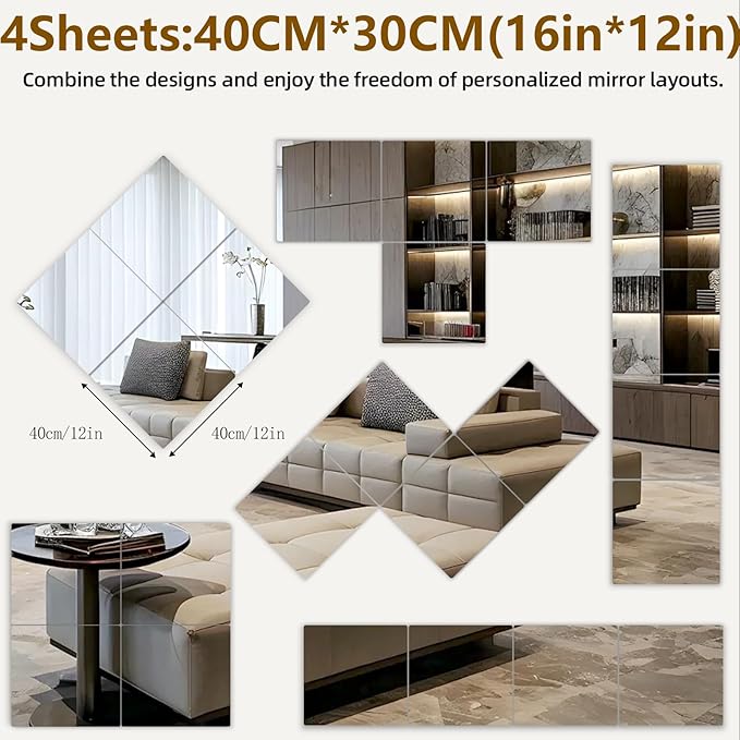Stick on Small Mirror for Wall Decor, Plastic Non Glass Sticky Kids Safety Toddler Mirrors, 4 Pack 16”x12” Acrylic Mirror Tiles, Shatterproof Mirrors Sheet for Bedroom Closet，Gym Body Mirror's