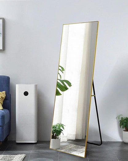Dewfig Full Length Mirror with Stand, 64" x 21" Free Standing Floor Mirror, Full Body Mirrors, Hanging or Wall Mounted Mirrors for Bedroom, Rectangle Shape, Metal Frame,Gold