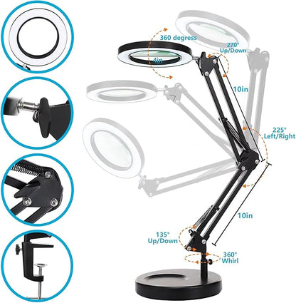 KIRKAS 10X Magnifying Glass with Light and Stand, 2-in-1 Stepless Dimmable LED Desk Lamp with Clamp, 3 Color Modes Lighted Magnifier Swivel Arm Light for Reading, Craft, Close Works - Black