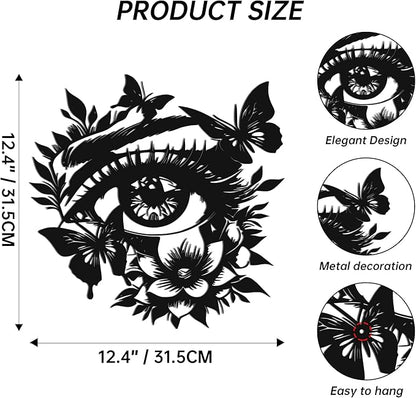 JEWLOVE Eye with Butterfly & Flowers 3D Metal Wall Art - Black Metal Butterfly Wall Decor, Rustic Nature Themed Wall Sculpture for Living Room, Bedroom, 12.4" x 12.4"