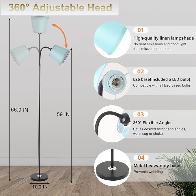 Floor Lamp, Industrial Metal Floor Lamps for Living Room with Adjustable Bendable 2 in 1 Reading Table Lamps for Living Room Bedroom Office (B+Green Shade)