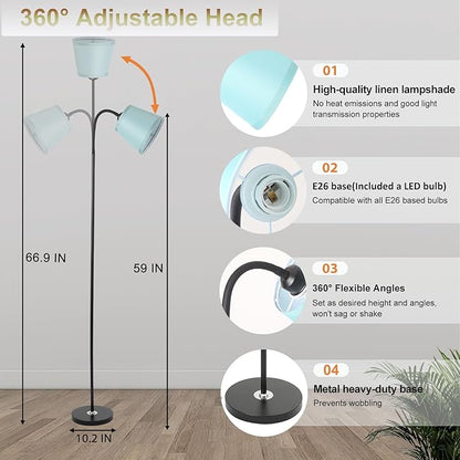 Floor Lamp, Industrial Metal Floor Lamps for Living Room with Adjustable Bendable 2 in 1 Reading Table Lamps for Living Room Bedroom Office (B+Green Shade)