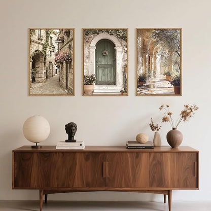 European Flower Street Framed Canvas Wall Art Set,Natural Architecture Travel City Landscape Wall Decor,Vintage Neutral Archway Cityscape Artwork for Living Room,Bedroom,Farmhouse-16 x24 x3