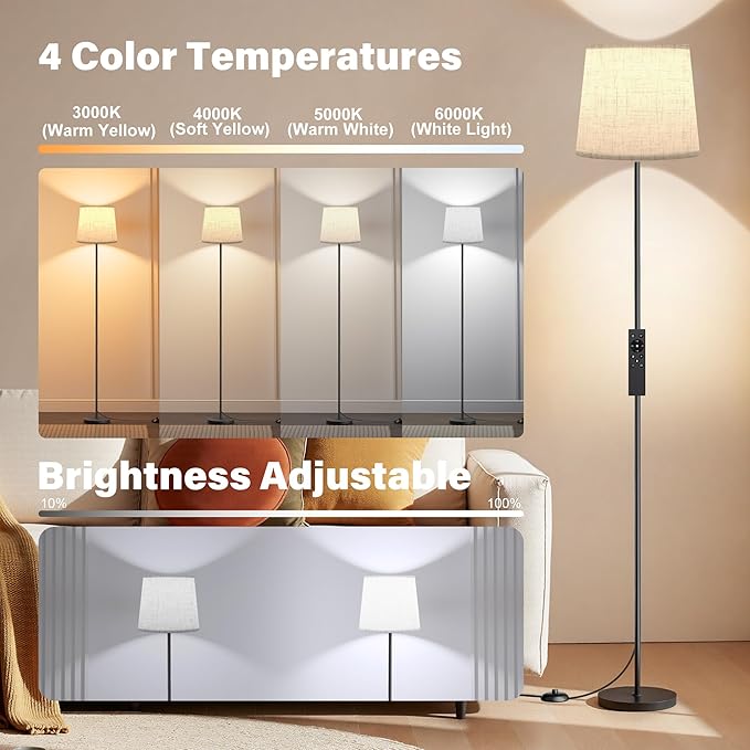 SIBRILLE Floor Lamp with Linen Shade - 62" Dimmable LED Standing Lamp with Remote Control, 9W E26 Bulb Included, 3000-6000K, Modern Floor Reading Light for Bedroom Living Room Office Corner, Black