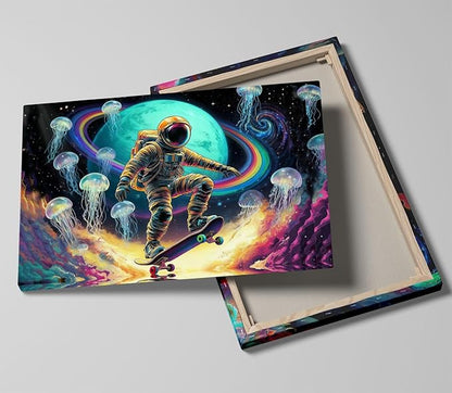 12x16 Framed Space Astronaut Skateboard Canvas Wall Art Colorful Galaxy Print with Jellyfish Rainbow Cosmic Teen Boys Room Fantasy Decor Kid Bedroom Funny Earth Poster Child Study Room Office Picture