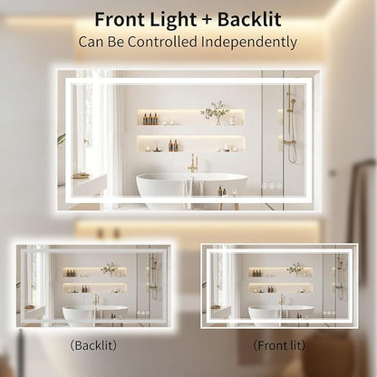 30"x50" LED Bathroom Mirror with Lights, Front & Backlit, Anti-Fog, Dimmable, 3 Color Temperature, CRI 90+, LED Mirror for Bathroom with Premium Full Aluminum Frame, Touch Control with Memory