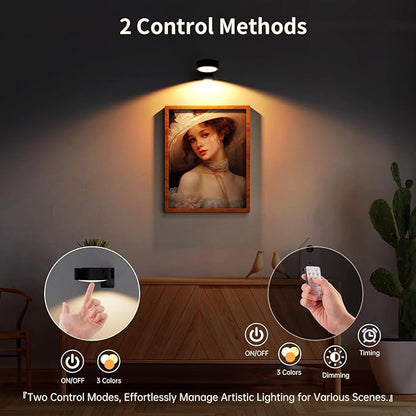 Narotood Picture Lights for Wall, Rechargeable Battery Magnetic Poster Lights with 3 Color Temps, Remote and Dimmable Timer Art Display Light for Picture Artworking Frame Portrait (3-Pack)
