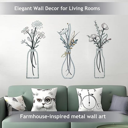 Nonforgetta Rustic Farmhouse Metal Flower Wall Art – Set of 3 Floral Decorations for Living Room, Bedroom, or Bathroom – Minimalist & Elegant Wall Décor Gift