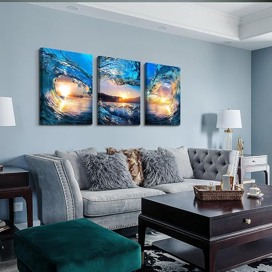Lapremoly Wall Decor for Living Room & Bedroom - Canvas Wall Art - Ocean Waves Sunrise - Modern Bathroom Home Decoration - Ready To Hang - 16x24 in