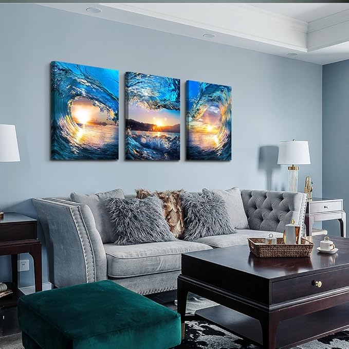 Lapremoly Sunrise Ocean Waves Wall Decor - Canvas Wall Art for Living Room, Bedroom, Office - 12x16 in