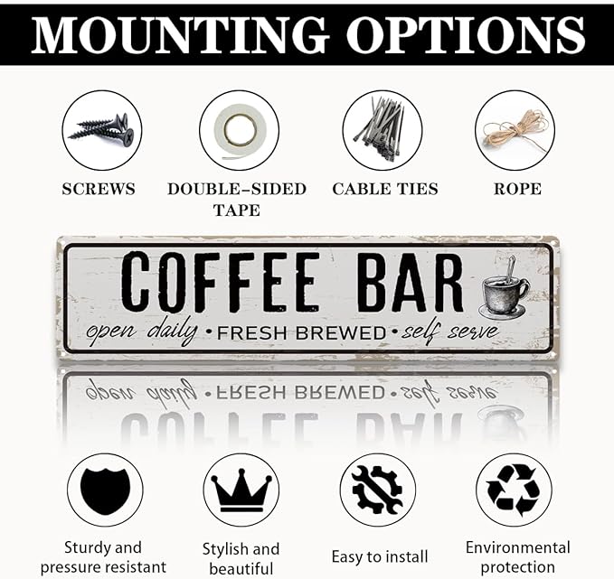 Coffee Bar Open Daily Sign, Retro Metal Tin Sign, Rustic Farmhouse Wall Decor, Coffee Bar Signs for Wall, Vintage Home Decor for Kitchen, Coffees Station Decors, Cafe Decors, 15.8x4 Inches