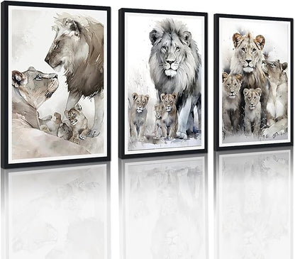 Wildlife Themed Framed Canvas Wall Art Set of 3 Lion Family Portrait Wall Decor for Country Apartment Living Room Bedroom Modern African Animal Artwork Decoration Easy to Hand 24x36inchx3pcs
