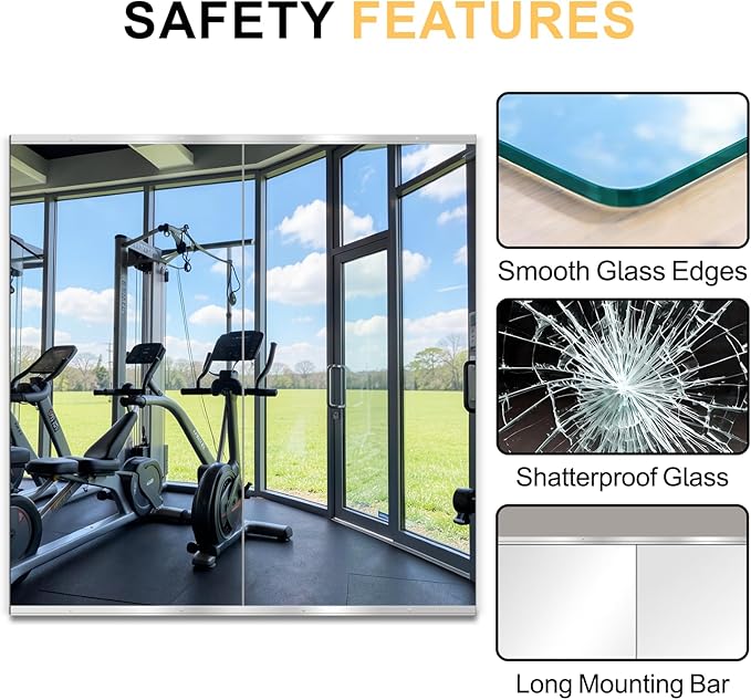 Home Gym Mirror for Wall, 50x25x3PCS, Full Length Workout Mirror, Large Frameless Tempered Glass Full Body Mirrors for Home Gym Yoga Fitness Garage Dance Studio, Black Color