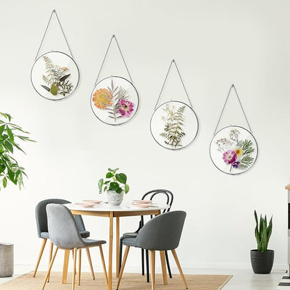 Qunclay 4 Pcs Double Glass Frame for Pressed Flowers Round Hanging Herbarium Floating Flower Press Frame Clear DIY Vintage Artwork Display holder(4 Inch,Black)