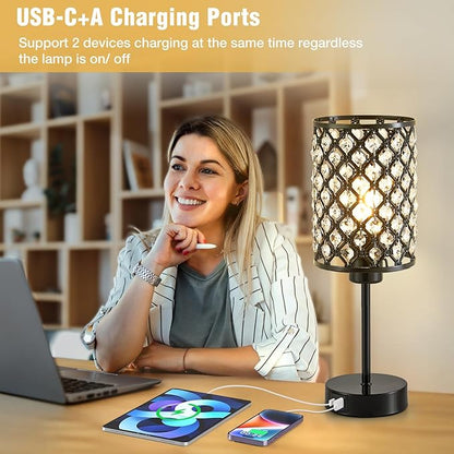 GyroVu Crystal Table Lamp, Black Lamp for Bedroom Nightstand with USB C+A Ports, Dimmable Touch Lamp with Crystal Shade, Bedside Lamp Small Lamp for Bedroom, Living Room, Office (Bulb Included)