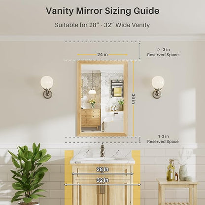 24x36 Inch Bathroom Mirror for Wall, Anti-Rust Oak Wood Grain Metal Framed Bathroom Mirrors for Over Sink,Rectangler Mirrors for Bathroom Vanity, Farmhouse, Bedroom, Living Room, Entryway Decor
