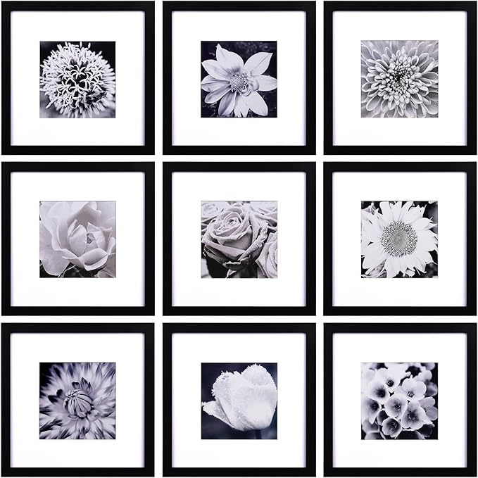Yaetm 10x10 Picture Frames Black Set of 9, Square 10x10 Frame Displays 6x6 with Mat or 10 x 10 without Mat, Gallery Wall Frames for Wall Hanging (9 Pack, Black)