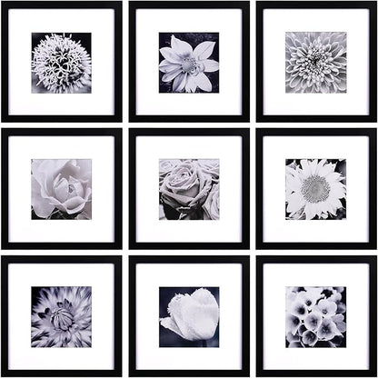 Yaetm 10x10 Picture Frames Black Set of 9, Square 10x10 Frame Displays 6x6 with Mat or 10 x 10 without Mat, Gallery Wall Frames for Wall Hanging (9 Pack, Black)