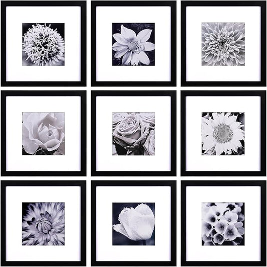 Yaetm 10x10 Picture Frames Black Set of 9, Square 10x10 Frame Displays 6x6 with Mat or 10 x 10 without Mat, Gallery Wall Frames for Wall Hanging (9 Pack, Black)