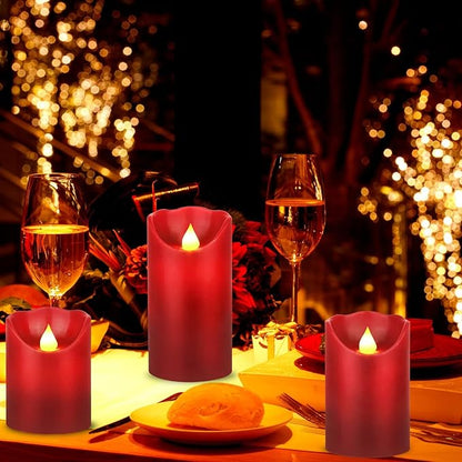 JUNPEI LED Candles, Battery Flickering Candles, Set of 3 Red Real Wax,300+ Hour Decorating Pillars Candles, with10 Buttons Remote Control with 24 Hour Timer Function for Decoration Christmas