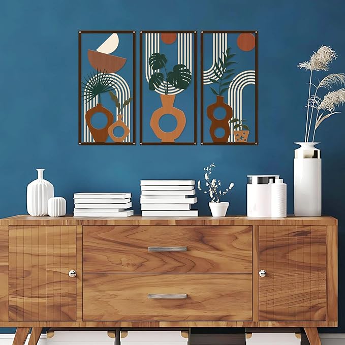 ShxTrade Boho Metal Wall Art Set of 3, Minimalist Botanical Wall Decor with Vase & Plant Silhouettes,Geometric Modern Mid Century Modern Artwork Art for Living Room Bedroom Bathroom Office