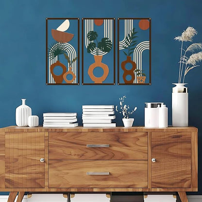 ShxTrade Boho Metal Wall Art Set of 3, Minimalist Botanical Wall Decor with Vase & Plant Silhouettes,Geometric Modern Mid Century Modern Artwork Art for Living Room Bedroom Bathroom Office