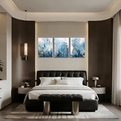 SERIMINO Blue Abstract Canvas Wall Art for Living Room, Navy and Gold Fluid Marble Wall Decor for Bedroom, Bathroom, Office, Home Decor, Set of 3 Print Painting, 20"X28"