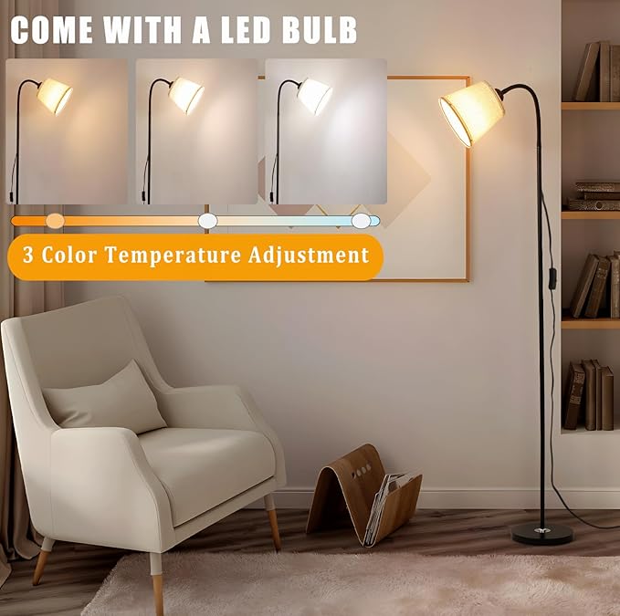 Floor Lamp, Industrial Metal Floor Lamps for Living Room with Adjustable Bendable 2 in 1 Reading Table Lamps for Living Room Bedroom Office (B+Linen)