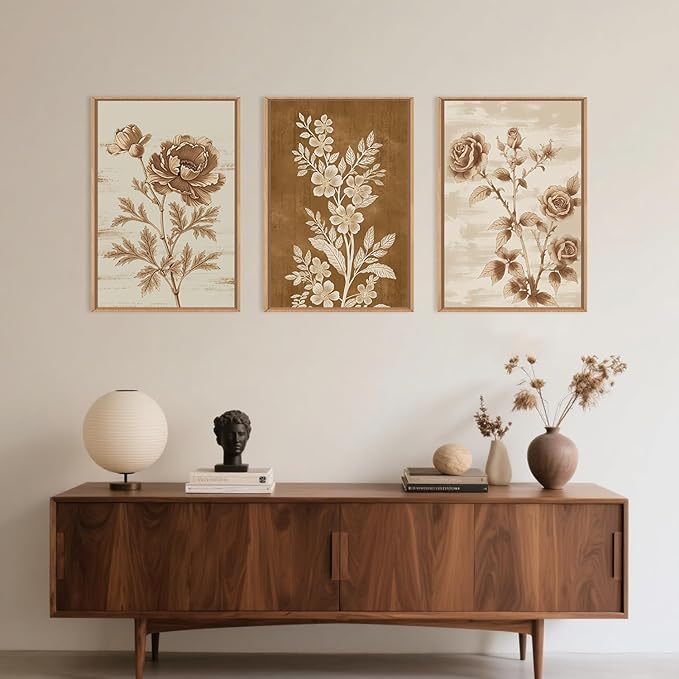 Vintage Botanical Floral Framed Canvas Print Wall Art Set,Retro Brown Rose Flowers Wall Decor,Nature Modern Elegant Poppy Boho Wildflower Artwork for Living Room,Bedroom,Office-16 x24 x3