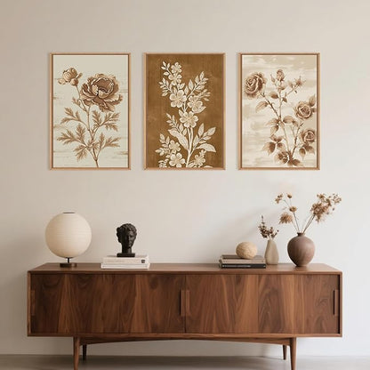 Vintage Botanical Floral Framed Canvas Print Wall Art Set,Retro Brown Rose Flowers Wall Decor,Nature Modern Elegant Poppy Boho Wildflower Artwork for Living Room,Bedroom,Office-24 x36 x3