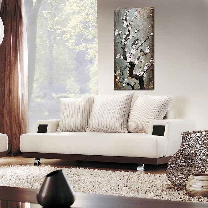 KREATIVE ARTS Graceful Birds on Plum Blossom Trees Canvas Wall Art - Giclee Floral Prints for Living Room & Bedroom Decor - Large 20x40 inch Vertical Artwork