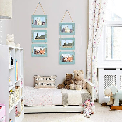 DLQuarts 5x7 Hanging Picture Frames Collage Wall Decor, 3-Opening Photo Frames 5x7 without Mat & 3.5x5 with Mat, Rustic Wood 3 Photo Frames, Ocean Blue