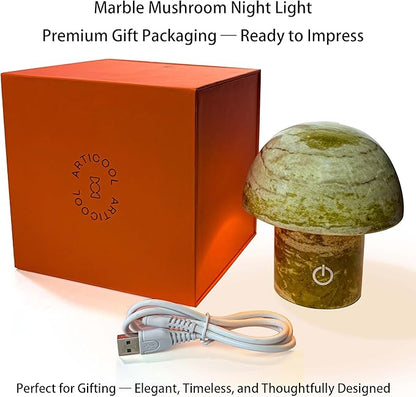 Natural Stone Mushroom Lamp - Jade Gemstone Night Light with LED, Touch Control 3 Brightness, USB Rechargeable Bedside Table Decor Gift