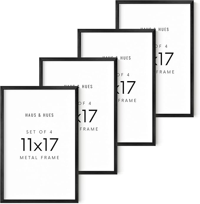 HAUS AND HUES 11x17 Black Metal Picture Frames - Features Premium Aluminum & Hanging Hardware, Shatterproof Plexiglass - Ideal for Home, Room, Office (11x17 in, Black, Set of 4)