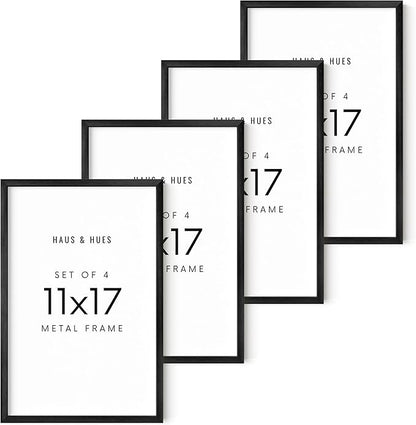 HAUS AND HUES 11x17 Black Metal Picture Frames - Features Premium Aluminum & Hanging Hardware, Shatterproof Plexiglass - Ideal for Home, Room, Office (11x17 in, Black, Set of 4)