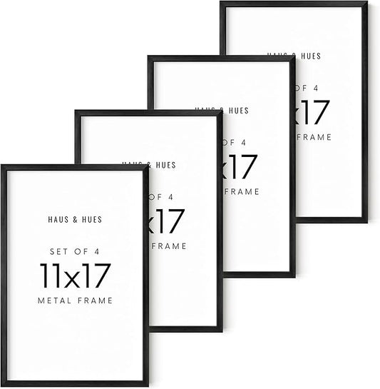 HAUS AND HUES 11x17 Black Metal Picture Frames - Features Premium Aluminum & Hanging Hardware, Shatterproof Plexiglass - Ideal for Home, Room, Office (11x17 in, Black, Set of 4)