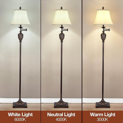 Traditional LED Floor Lamp with 350° Adjustable Swing Arm Lamp – Vintage Standing Pole lamp for Living Room, Bedroom and Office – Rustic Upright Floor Light for Home Décor with Faux Silk Fabric Shade