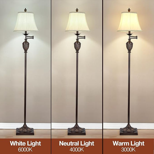 Traditional LED Floor Lamp with 350° Adjustable Swing Arm Lamp – Vintage Standing Pole lamp for Living Room, Bedroom and Office – Rustic Upright Floor Light for Home Décor with Faux Silk Fabric Shade