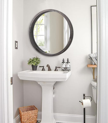 JJUUYOU Large Circle Wall Mirror 20 Inch Round Wall Mirror for Bathroom, Gray Rustic Circular Mirror Washroom Wall Vintage Wood Frame Mirror for Living Room, Bedroom, Dorm Decorative