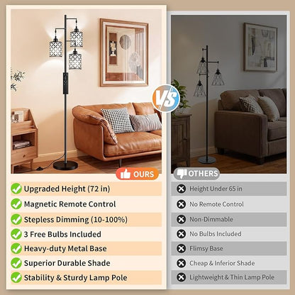 Dimmable Floor Lamp, Farmhouse Standing Lamp with Elegant Metal Cage, Industrial Tall Tree Floor Lamps for Living Room, Bedroom, Study Room, Office, 3 x 800LM LED Bulbs Included, 72", Black