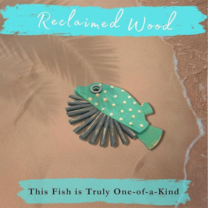 Driftwood Fish Nautical Wall Decor - 13"x 9" Handmade Wooden Rustic Coastal Wall Art for Living Room, Bedroom, Office, Bathroom - Ocean Beach Decoration (Nibbles)