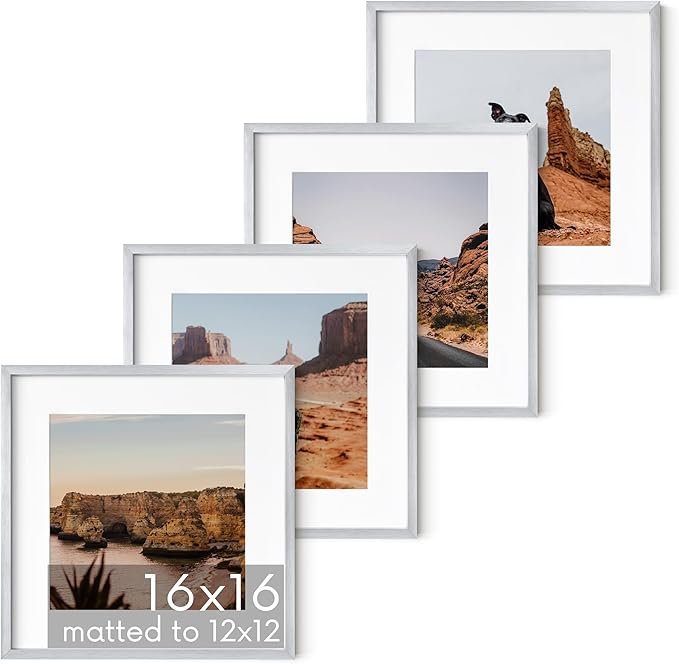 HAUS AND HUES 16x16 Silver Metal Picture Frames Matted to 12x12 - Premium Aluminum with Hanging Hardware, Shatterproof Plexiglass - Ideal for Home or Office (16x16 in, Silver, Set of 4)